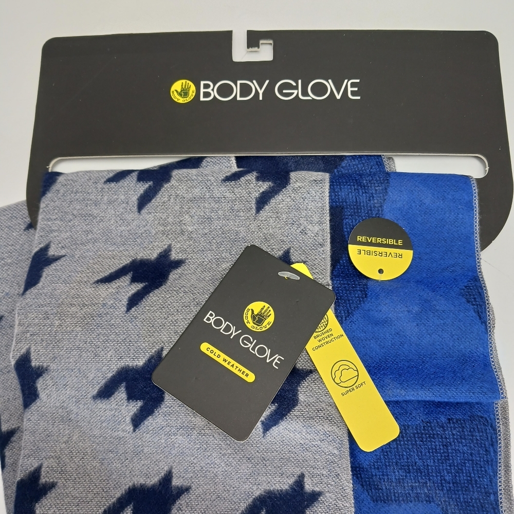 BODY GLOVE Midweight Soft Reversible Blue & Grey Houndstooth & Camouflage Scarf